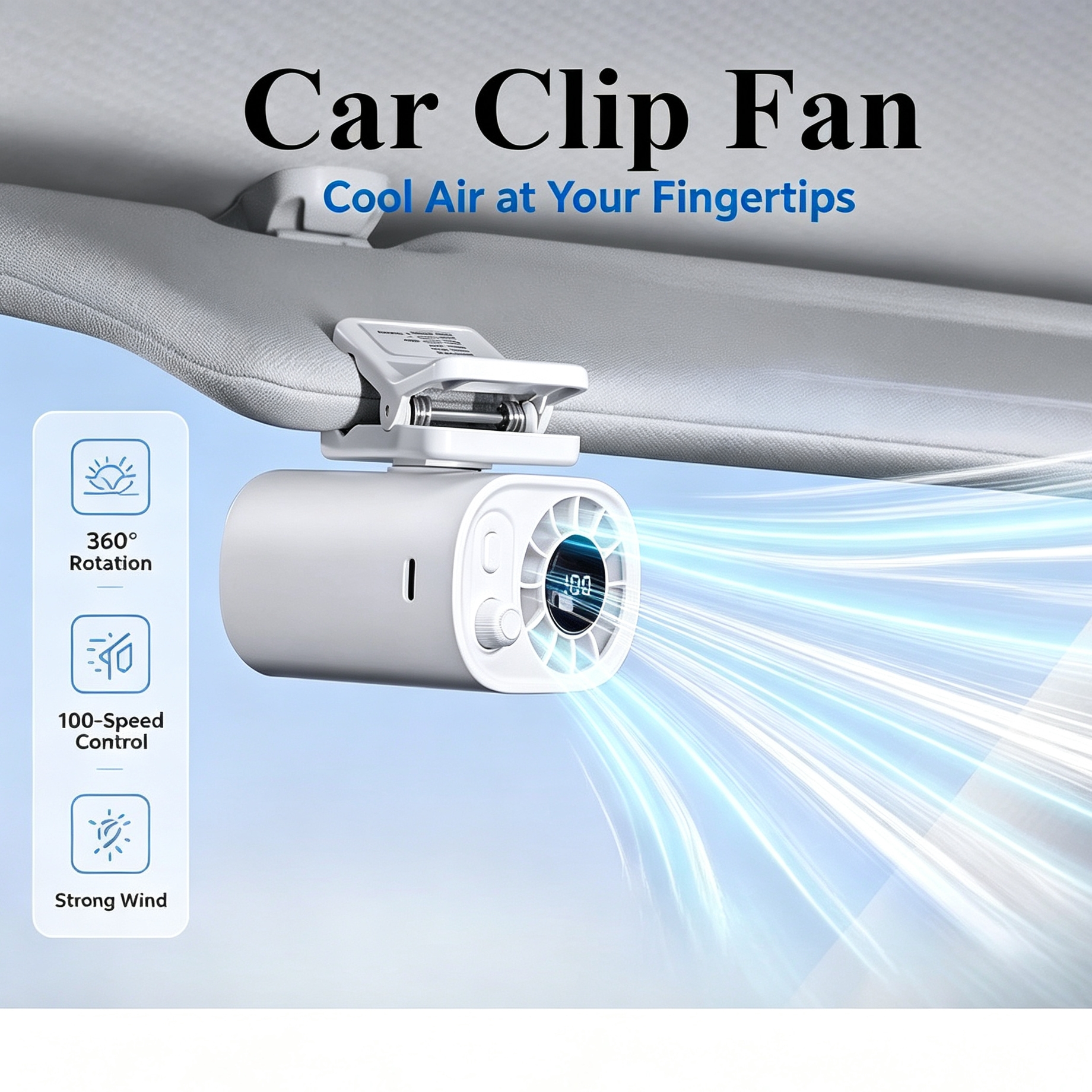 Oscillating Fan Clip - Tragbarer Auto-Clip-Ventilator 360 ° Drehbarer 100-Gang-Windventilator,