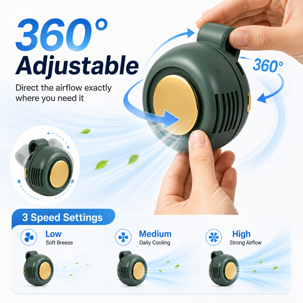 Oscillating Fan Clip - Freihändiger Taillenclip-Ventilator, Mini, blattlos, tragbar, 3